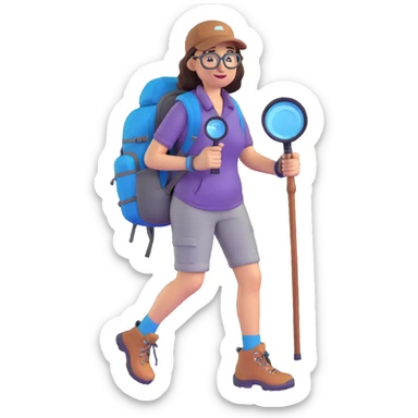 Very happy excited woman in her 40s with glasses wearing sporty outfit, hiking boots, and backpack, holding a magnifying glass sticker