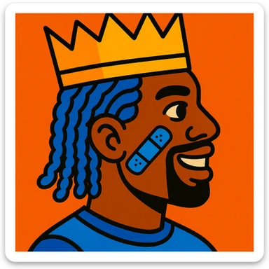 afro man with blue cornrows, gold crown, blue band-aid on cheek, stylized and bold, vibrant toon style sticker