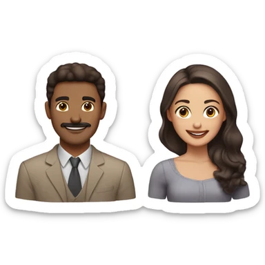 woman with dark brown hair and light tan skin smiling with a man with brown hair and fair skin with a faint mustache sticker