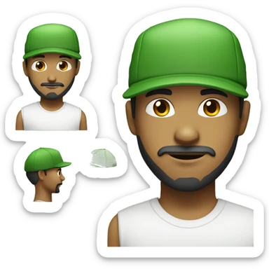Create a young mixed-race man with a beard and moustache wearing an all-green cap and a white T-shirt sticker