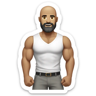 Man flexing muscles in a white shirt and grey shorts, bald, brown beard sticker