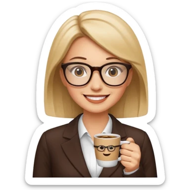 Business woman emoji, wearing glasses, holding a coffee cup sticker