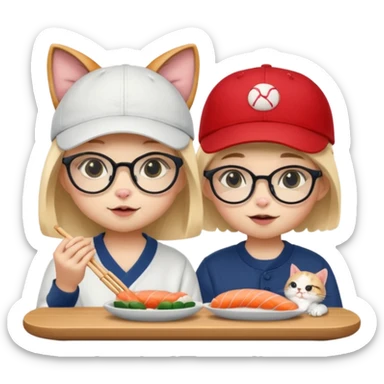 cute girl cat wearing glasses and a cute boy cat wearing a baseball cap eating sushi together sticker