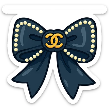 elegant bow with pearls and gold Chanel logo, glossy, monochrome, Vibrant Toon style sticker