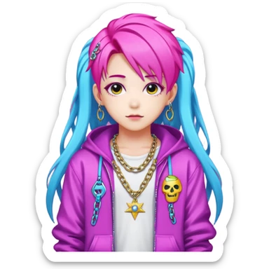  portrait-of-young-ghost-idol-in-kpop-style,-wearing-flashy-streetwear-outfit,-colorful-dyed-hair,-confident-pose,-accessorized-with-chains- sticker