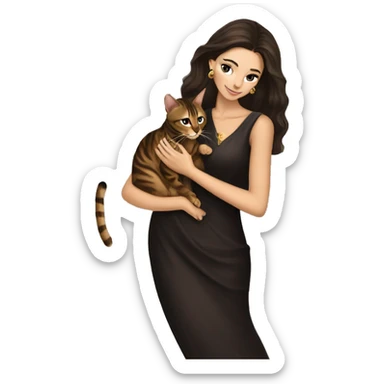Beautiful skinny woman long dark brown hair in dark dress with gold earrings hug bengal cat sticker