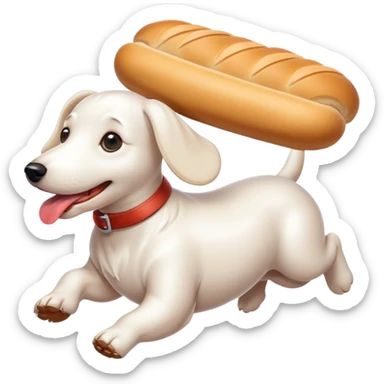 White sausage dog running whit a bread in its mounth sticker