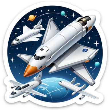 An icon featuring a space shuttle, a drone, and an airplane against a starry sky, symbolizing aerospace technology. The design includes rocket boosters and satellite orbits, representing the exploration of space and advanced aviation. Transparent background sticker