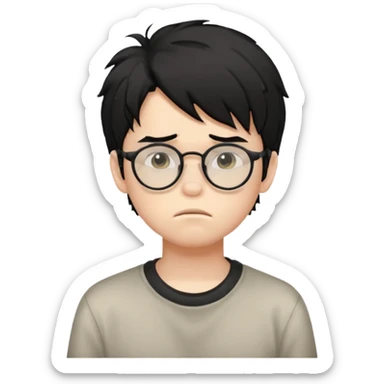 
young boy, 16 years old, messy black hair, glasses, sad face emoji sticker