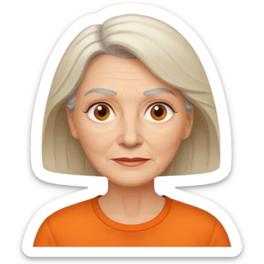 older white woman with orange shirt no smile sticker