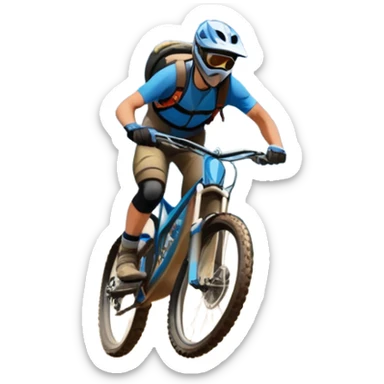 A thrilling downhill mountain biking scene! A rider in full gear speeds down a steep rocky trail, kicking up dust. The rugged mountain landscape surrounds them, with towering peaks, evergreen trees, and a bright blue sky. The rush of adventure is in the air. Transparent background. sticker