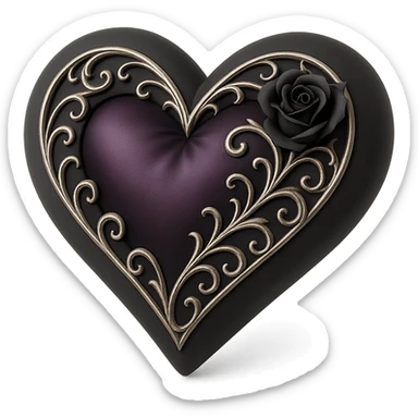 gothic heart in 3D black style, deep purple satin, silver filigree, black rose accent, elegant and moody sticker