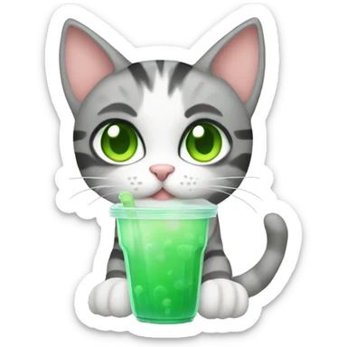 A striped grey cat with green eyes drinking boba sticker
