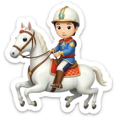 A Chinese little boy is riding a cute white small horse, and the horse is running. The blanket on the saddle says ‘2026.’  (2026 MUST HAVE) 。 sticker