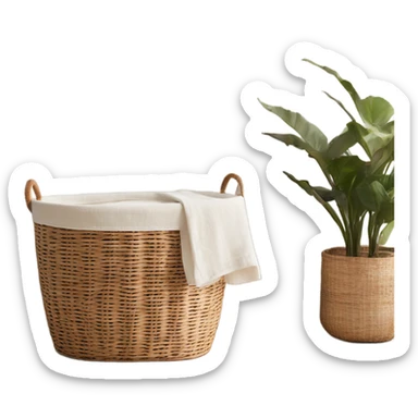 The rattan laundry basket with two handles is very cozy and inside the linen is white and beige sticker