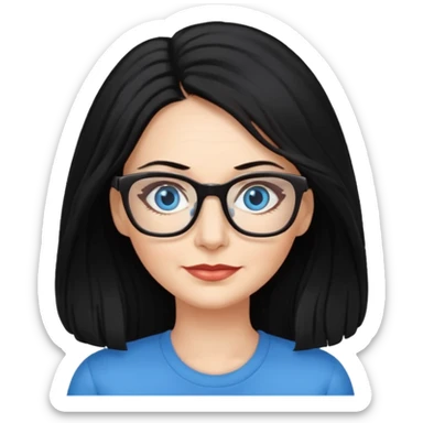 woman 50 years old, long and fluffy black hair, blue eyes, glasses sticker