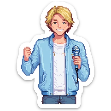 Pixel art style, expressive male performer, Caucasian features, short sandy blonde hair, lively eyes, wide cheerful smile, wearing a sky blue jacket over white tee, tossing a microphone in one hand, waist-up, front-facing sticker