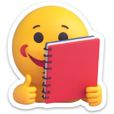 3D smiley emoji, round shape, student studying with notebook, green color, focused face sticker