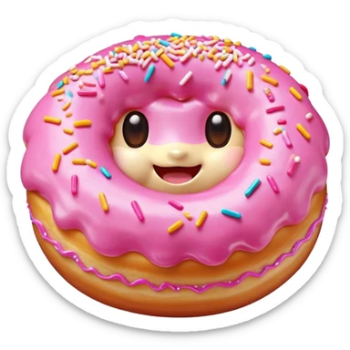 Cinematic tiny happy donut, round and fluffy, golden brown with pink icing and sprinkles, tiny adorable face with blushing cheeks, warm glowing background. sticker