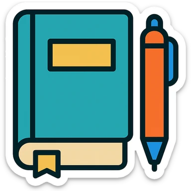minimalist icon of a book and pen in botgoondie color palette, simple lines sticker