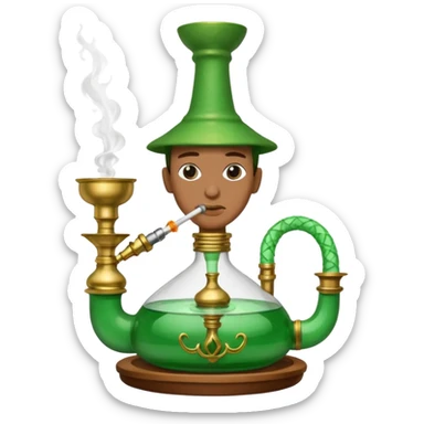 Brass hookah with green design on a glass water base on the top; with two smoke pipes where people are holding them and smoking m from the side all pouting on top sticker