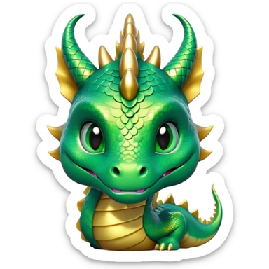 Cinematic Cute Dragon Portrait Emoji, Head tilted playfully and inquisitively, featuring a sleek, serpentine form adorned with iridescent scales that shift between emerald and gold, a delicate set of subtle horns, and round, sparkling eyes full of curious magic; rendered with realistic detail and warm natural light, high shine, affectionate and enchanting, styled with a touch of whimsical fantasy, soft glowing outline, capturing the essence of a mischievous yet lovable dragon that seems poised to slither playfully into your arms! sticker