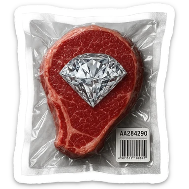 meat steak with sparkling diamond facets, glossy and puffy, vacuum-sealed style sticker