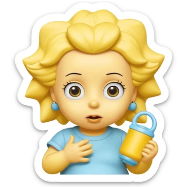 A 3D cartoon baby character fully yellow skin, styled like Maggie Simpson, with pacifier, big eyes, smooth shading, Memoji-style rendering, consistent with other yellow Simpsons characters. sticker