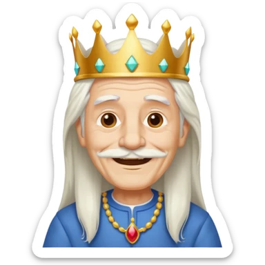 a smiling old man with long white hair and has no beard wearing a white smart shirt and a crown sticker