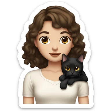 tall skinny brunette haired girl with brown eyes medium wavy hair and curtain bangs holding fat black cat with white spot on its belly sticker