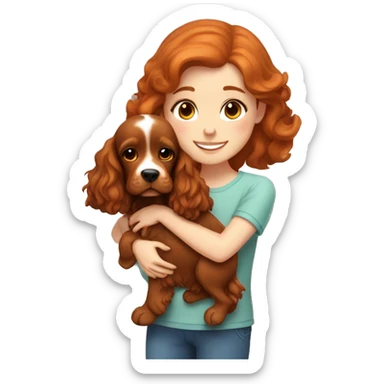 A very cute girl with red hair cuddling a happy caramel-brown English Cocker Spaniel. sticker