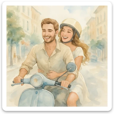 watercolour style, couple on a scooter, city street background, light and airy feel sticker