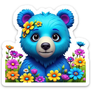 3D, adorable little Pixar style blue neon punk bear in a field of flowers, ultra detailed, each lash, eye, and strand of fur is shown in stunning detail as though captured in a timeless photograph, rich textures, visually rich, so lifelike it feels like it could leap off the page at any moment sticker