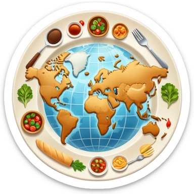 Icon for Culinary Tourism: a world map with food elements like a fork, knife and dish, surrounded by iconic dishes from various countries. The icon should represent the exploration of global cuisines and travel experiences. Transparent background. sticker