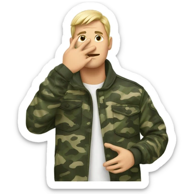 Guy wearing a camo jacket holding his hand to his forehead making a L shape with fingers sticker