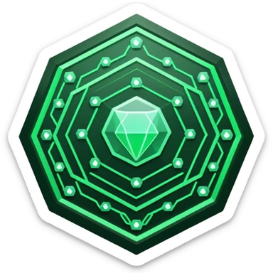 Futuristic reward points icon, diamond or hexagon shape, circuit board lines, Bloomberg terminal aesthetic, green phosphor glow on dark background, minimalist geometric, no text, fintech style, clean edges, professional icon design sticker