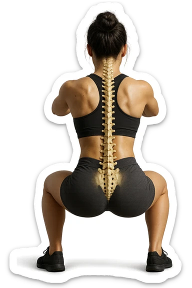 donna di spalle che fa squat con spina dorsale anatomica in evidenza, iperrealistica 4k sticker