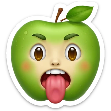 apple emoji style face with tongue out and green cheeks, looking sick, no text sticker