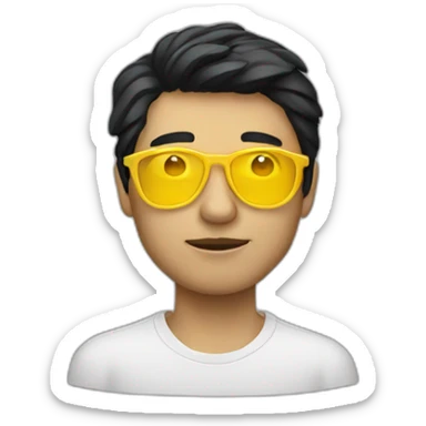 Man with yellow tinted glasses and black hair holding computer  sticker