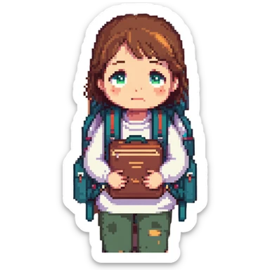 A student with a backpack and a sad face, surrounded by piles of books sticker