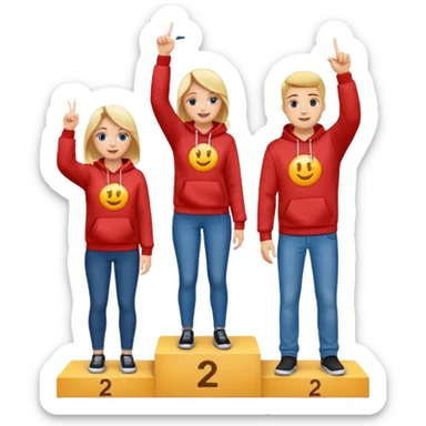 three people in jeans and hoodies on a winners podium labeled 2, 1, 3 left to right, center person on 1 step holding up one finger on each hand, bright cheerful expressive emoji illustration sticker