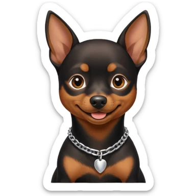 a pinscher dog black and brown sitting and smiling with a silver chain in the neck sticker