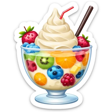 Taiwanese shaved ice dessert with boba, fruit, and condensed milk sticker