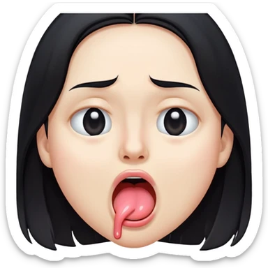 surprised and disgusted face with long black hair, goopy white liquid on cheeks, lips, and tongue, tongue sticking out, eyes shut, expressive face sticker