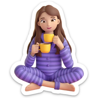 girl with long brown hair sipping coffee in purple striped pajamas sticker