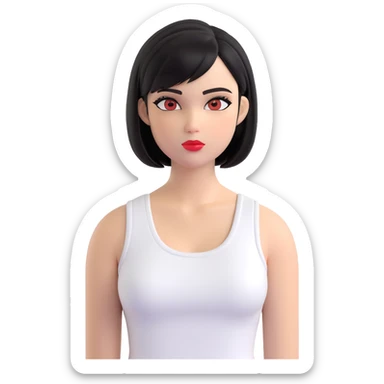 A pretty girl with black straight bob hair. She has hazel eyes with black eyeliner. She has plump red lips. She is wearing a white tank top sticker