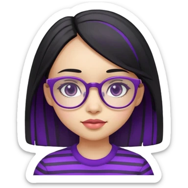 chica bonita con ligero cabello negro con rayas moradas que llega hasta los hombros con lentes cuadrados de estatura pequeña sticker