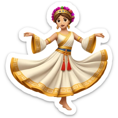 Cinematic Realistic Sirtaki Dance Emoji, depicted as a vibrant traditional Greek dance scene with flowing movements and expressive costumes, rendered with dynamic textures and warm festive lighting that captures its cultural exuberance. sticker