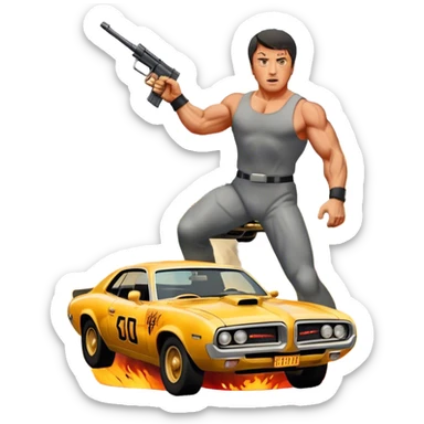 Icon for Action Movie: A vintage movie poster-style design featuring intense action scenes with explosions, weapons, and dramatic poses of Stallone. Include cars and helicopters flying out of flames in the background. Bold typography and retro cinematic style. Transparent background. sticker