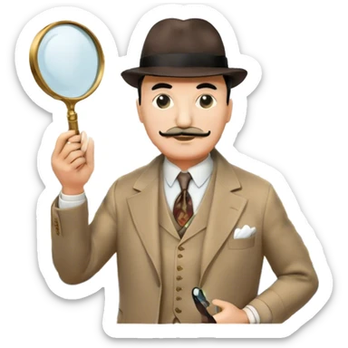 A cinematic-style frame showing Hercule Poirot in his iconic suit with a magnifying glass in a dramatic detective pose. Background should be mysterious city, a board with photos of suspects, clues like fingerprints. Transparent background. sticker